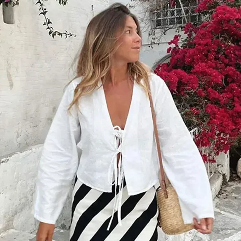 ALOBEE Shirt Women Elegant 2024 New Summer Street Female Comfortable Tops Loose Lace Up Leisure Bow Long Flare Sleeve Lady