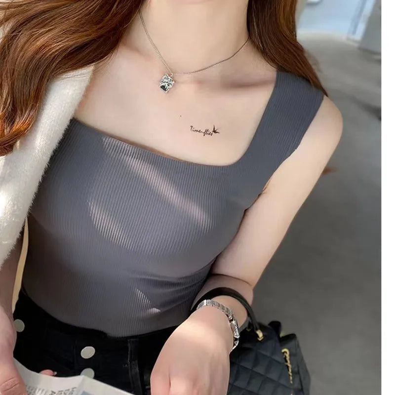 For 40-75kg Ice Silk Plus Size Tank Tops WIth Chest Pad Square Collar Thread One-Piece Cup Seamless Camisole Top For Women