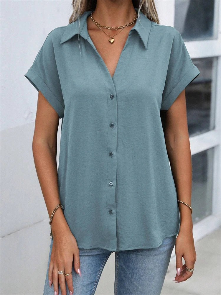 2025 Spring And Autumn New Solid Color Short-sleeved Shirt Fashion Loose Temperament Shirt Folding Blouse Ms. Home Rest Shirt