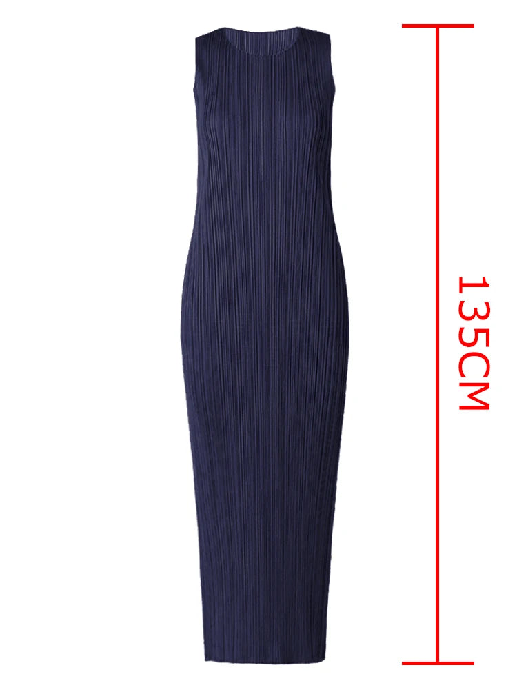 Miyake Pleated Women Dress Summer Sleeveless Long Classic Korean Fashion Casual Elegant Female Lce Water Blue Beach Dress TP5045