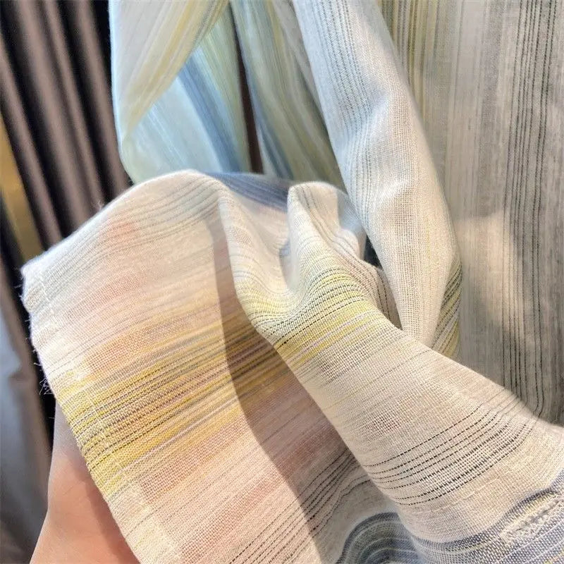 Spring and Autumn Cotton and Linen Contrasting Striped Long-sleeved Shirt Chic Versatile Top for Women