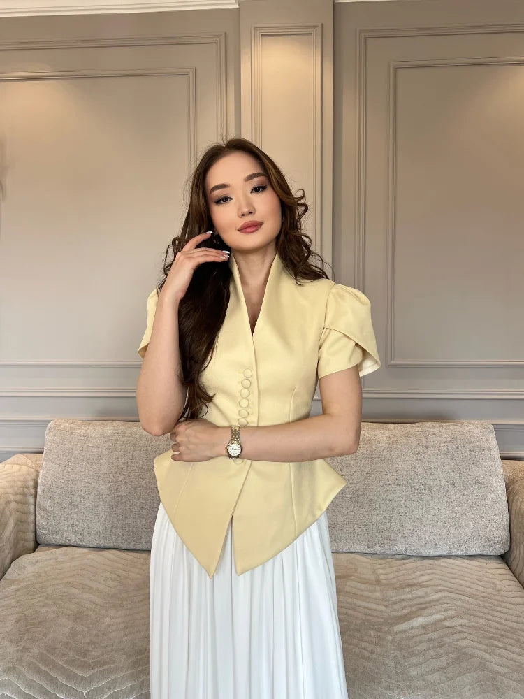Elegant Women's Irregular Shirts Short Sleeve Waist-Closed Button V-Neck Lady Top 2025 Summer Fashion Female Street Outwear