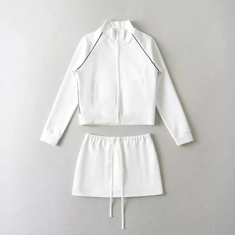 Zip Up Sweat and Mini Skirt Set for Women, Contrast Piping Detail, Co-ord