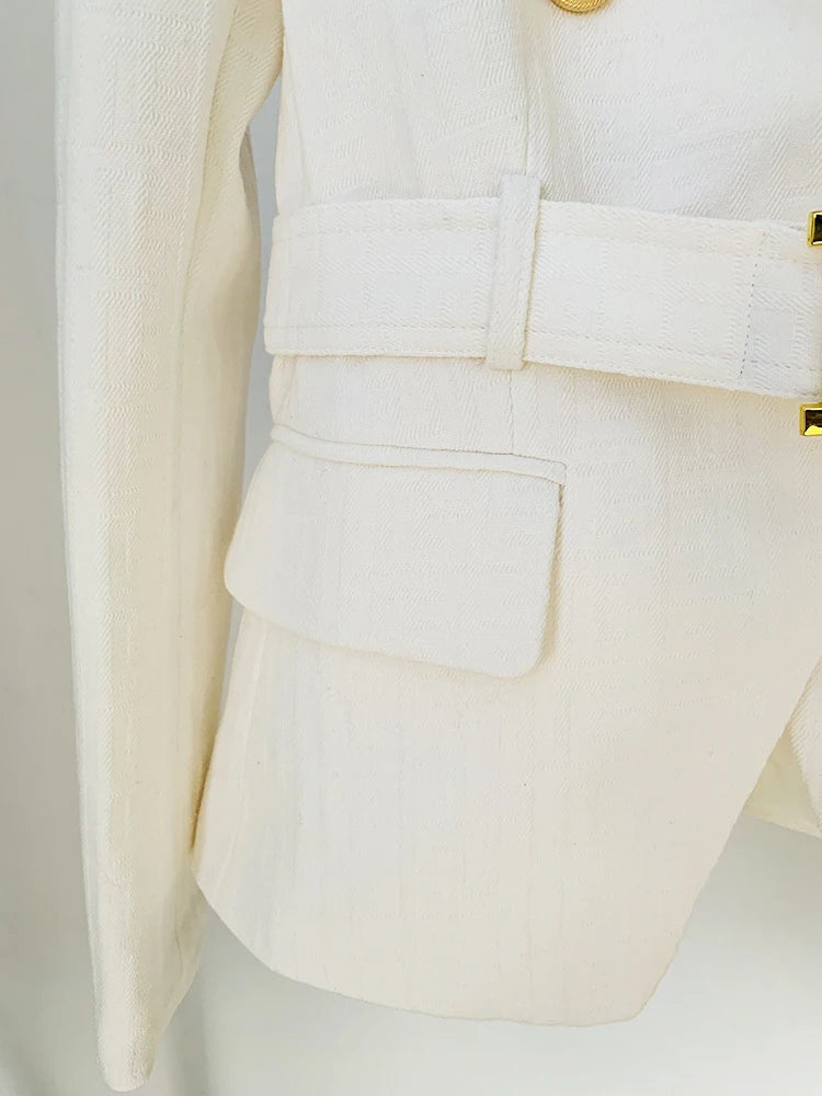 HIGH STREET Newest 2024 Designer Jacket Women's Double Breasted Lion Buttons Monogram Jacquard Belted Blazer