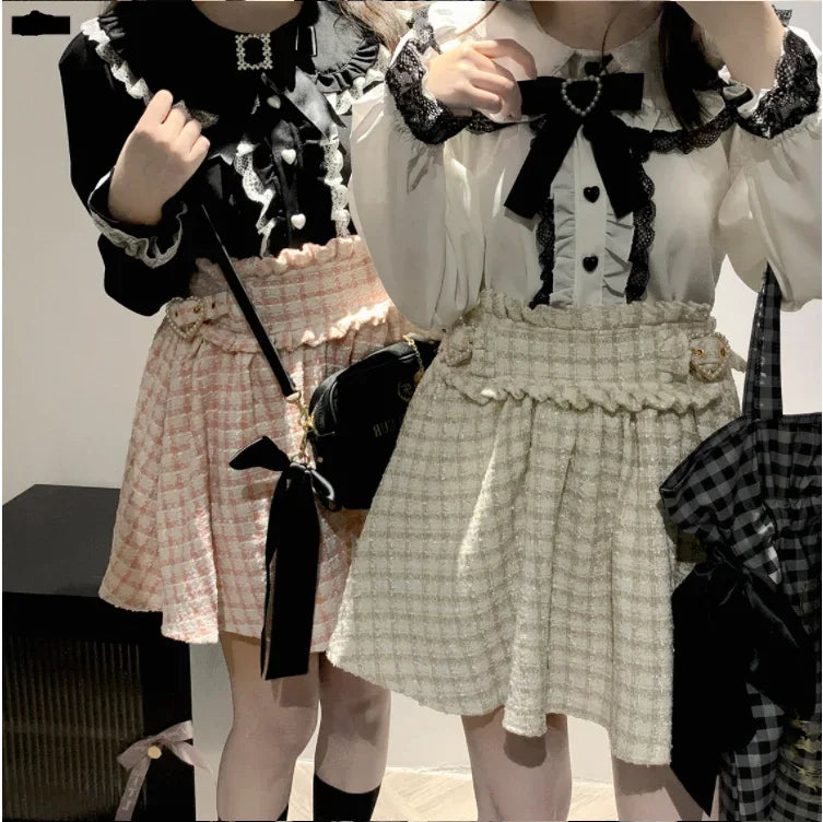 Sweet Lace Patchwork Long Sleeve Crop Top Blouse Women Japanese Y2k Harajuku Camisas JK Bow Ruffle Shirt 2025 Kawaii Blusa Femme