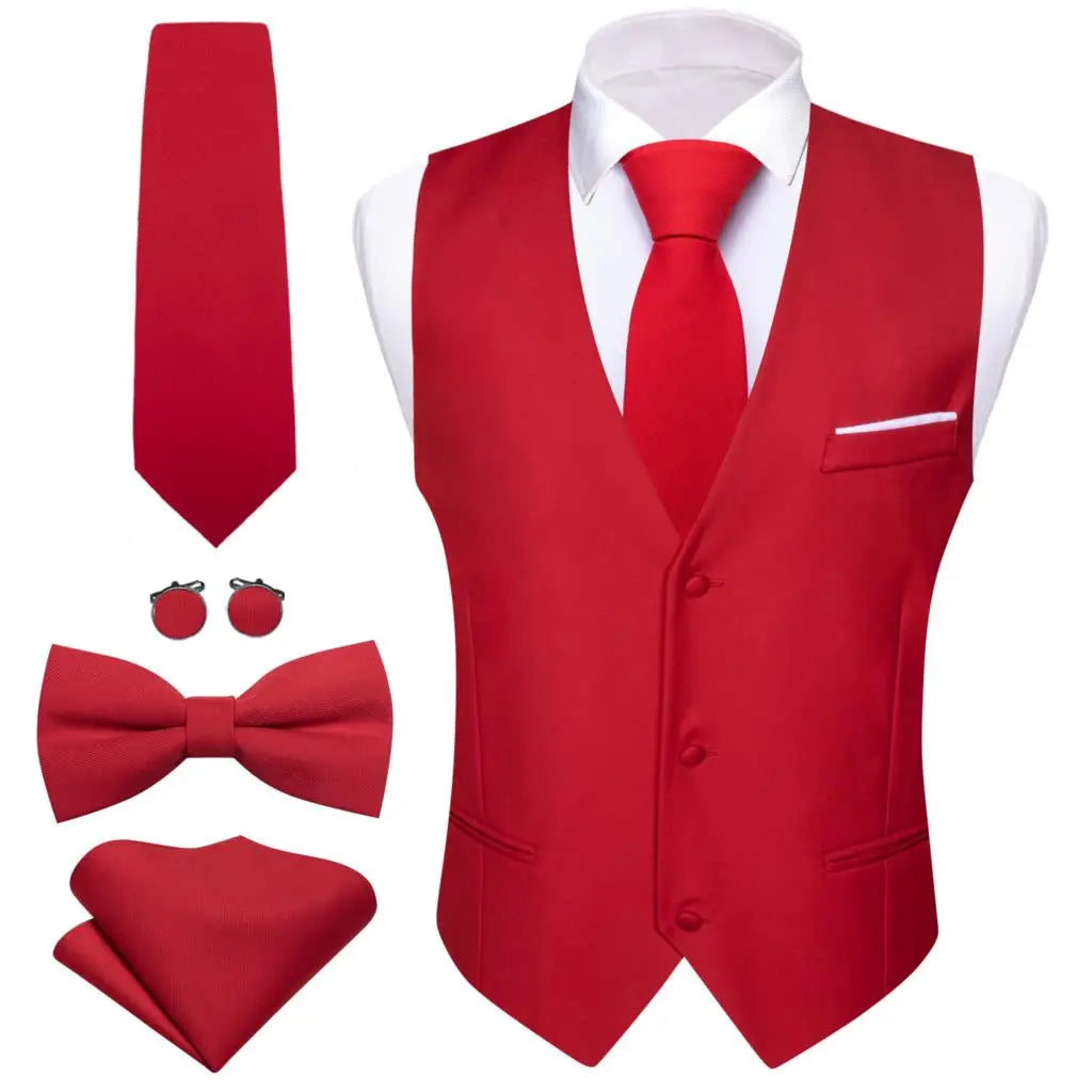 Designer Men's Vest Dark Green Solid Silk Satin Waistcoat Tie Bowtie Hanky Wedding Formal Male Suit Sleeveless Jacket Barry Wang