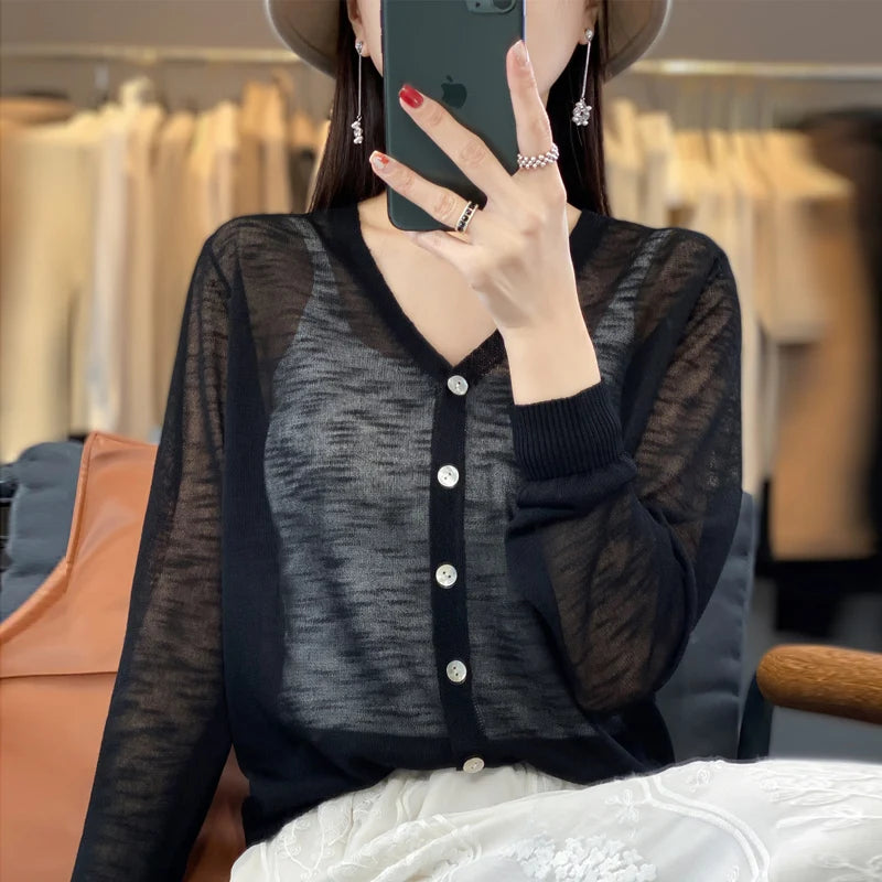 Summer New Women's Floral Yarn Ice Silk Knitted Cardigan Breathable Cool Sun Protection Sexy Cardigan NJR-330
