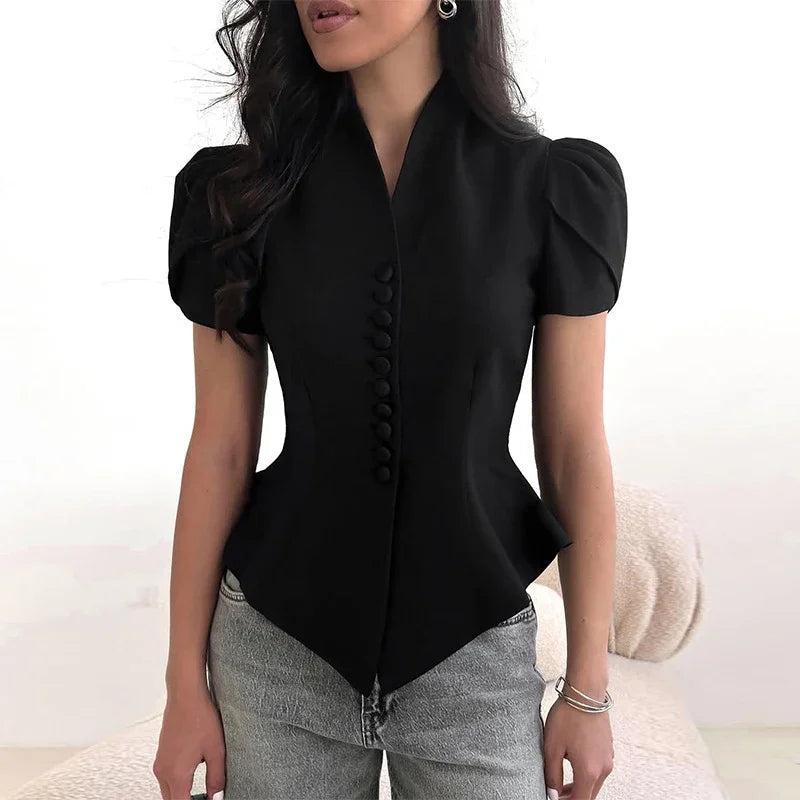 Elegant Women's Irregular Shirts Short Sleeve Waist-Closed Button V-Neck Lady Top 2025 Summer Fashion Female Street Outwear
