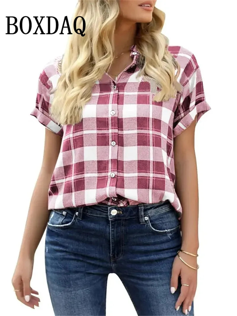 Spring Summer Casual Women's Short Sleeve Blouses Fashion Lapel Button Loose Shirts Classic Plaid Print Women Short Sleeve Tops