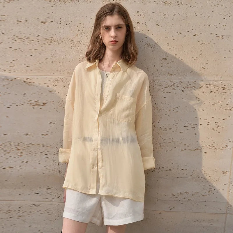 Ladies French 100% Ramie Shirts Spring And Summer Single-Breasted Cardigan Women's Lapel Long-Sleeved White Casual Loose Blouse