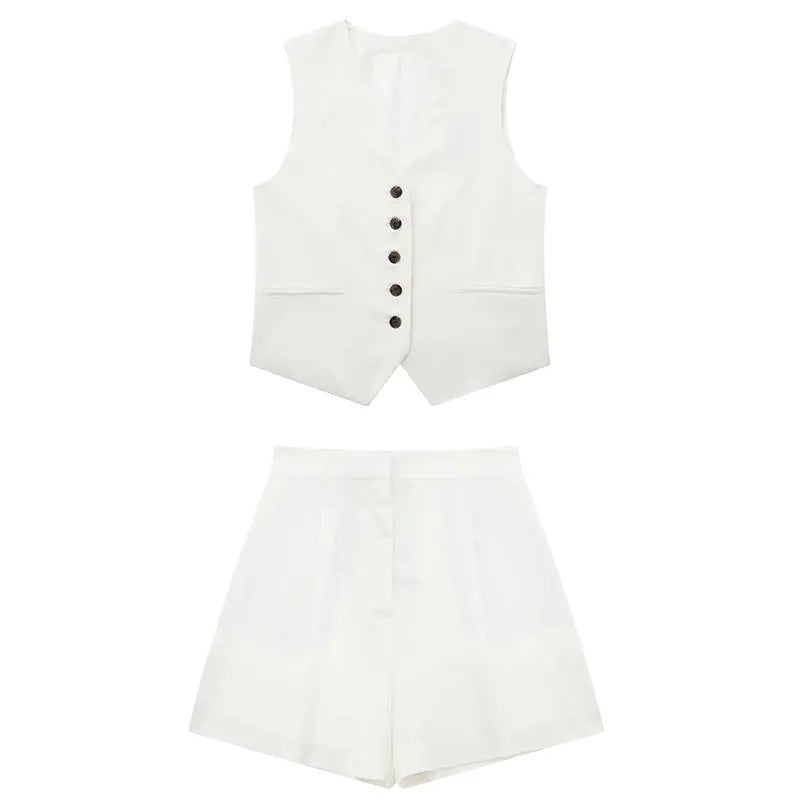 TRAFZA Women Vinatge Fashion Shorts Set Solid White Sleeveless Vest+Pockets Pants Female Two Pieces Set Street Roupa De Mujer
