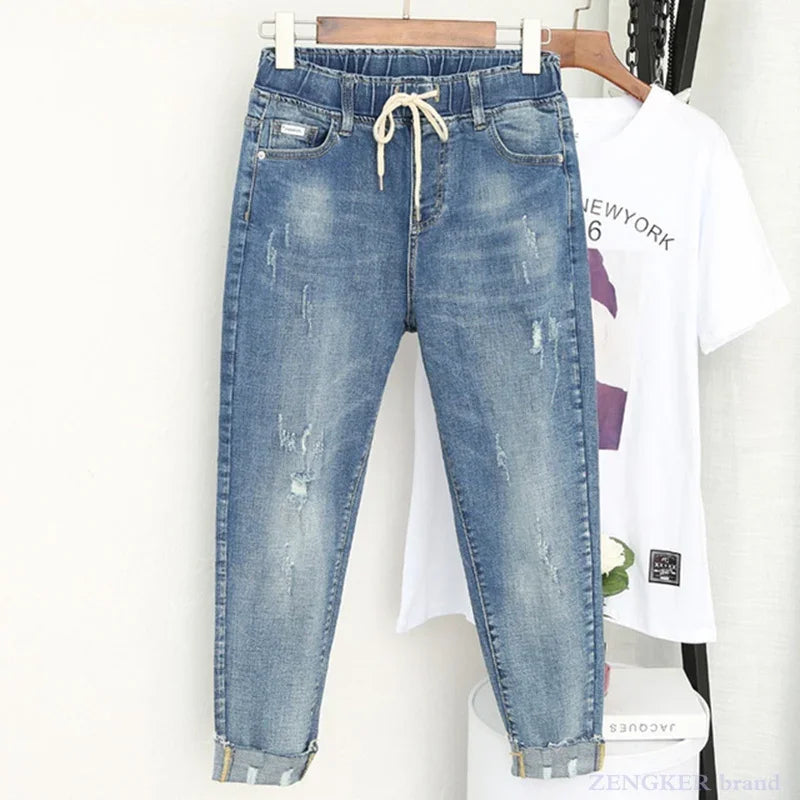 Spring summer plus size jeans women's stretch fat sister nine-point pants were thin high waist pants plus size 5xl