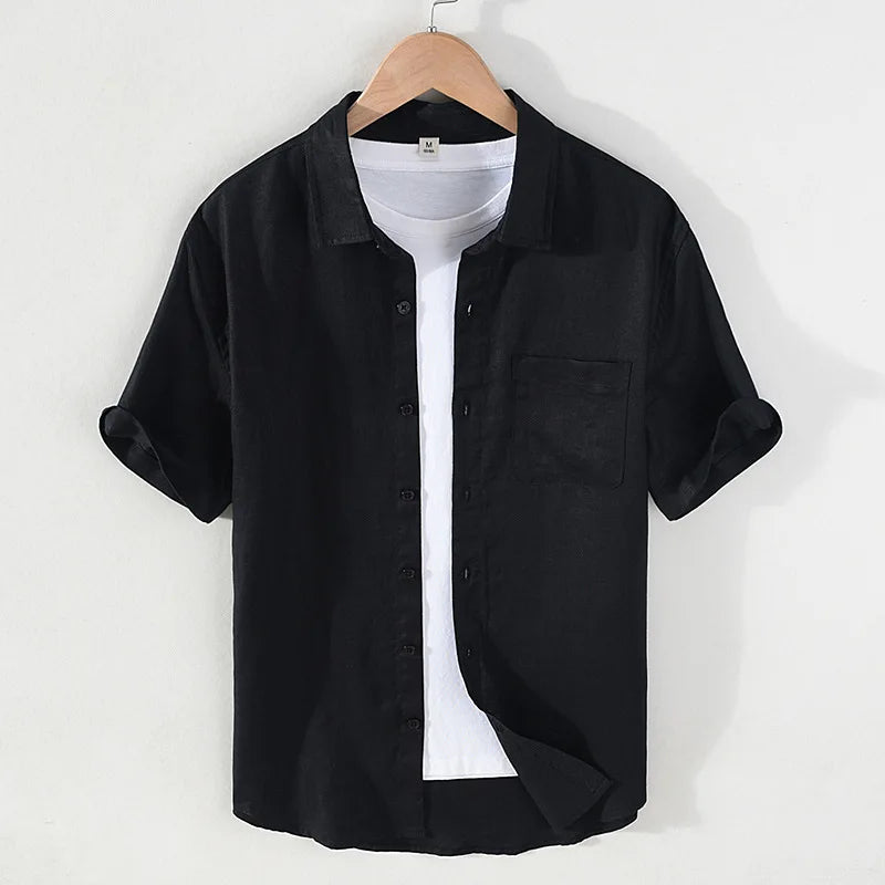 923 100% Linen Men's Summer Fashion Shirt High Quality Solid Color Simple Casual Short Sleeve Blouses Basic Thin Breathable Tops