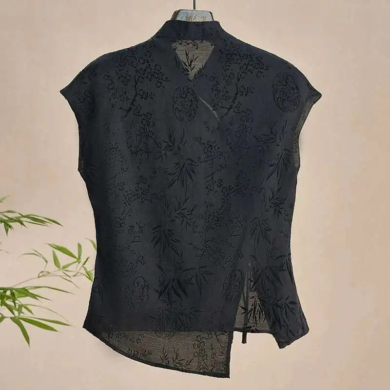 Women  Vintage Thin Shirt New Chinese Style Cheongsam Top Black Jacquard Sleeveless T-shirt Summer Mature Fashion Bow Shirt