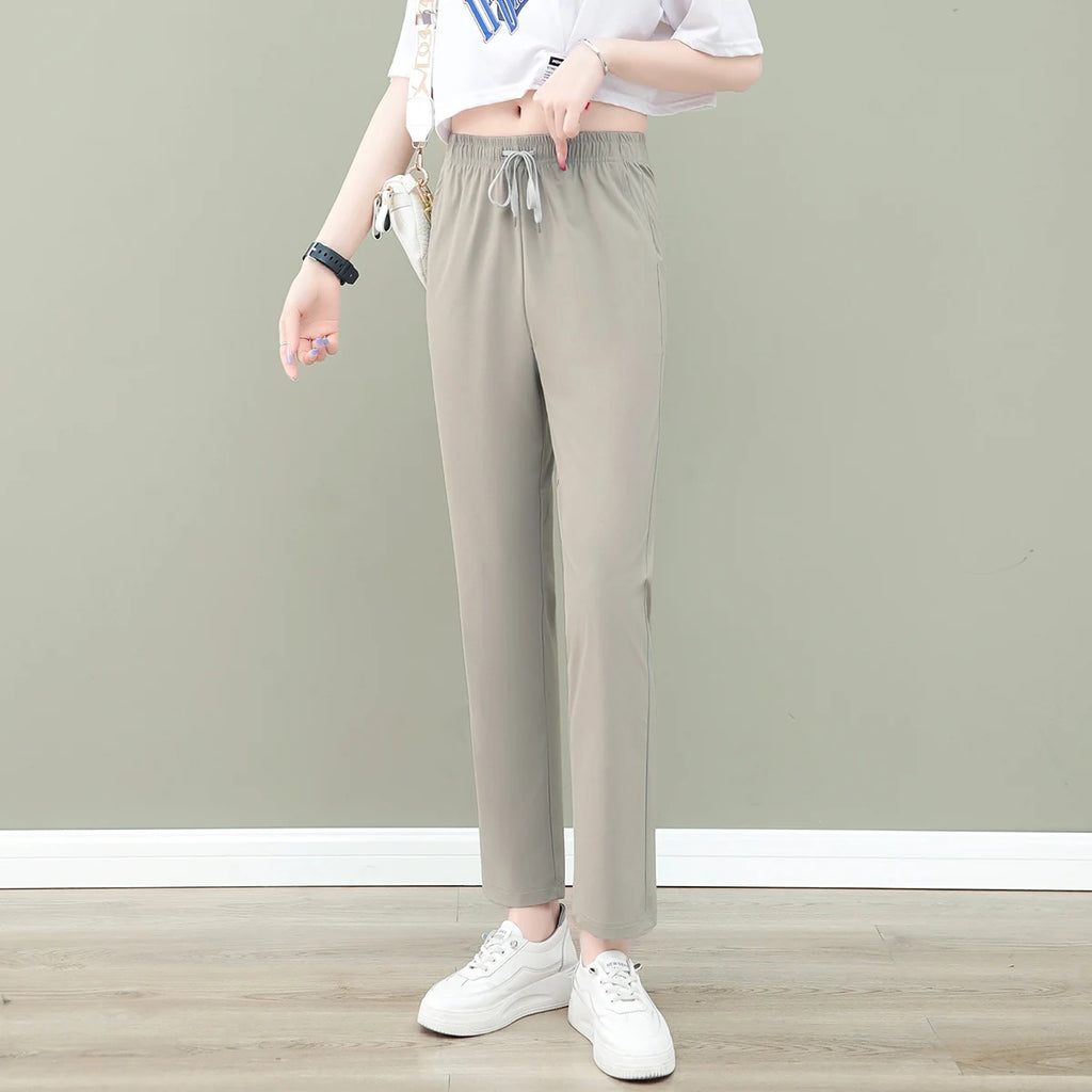 New Women'S Fashion Loose Summer Thin Ice Silk Pants Mom'S Casual High Waist Comfortable Versatile Sports 9-Point Trousers