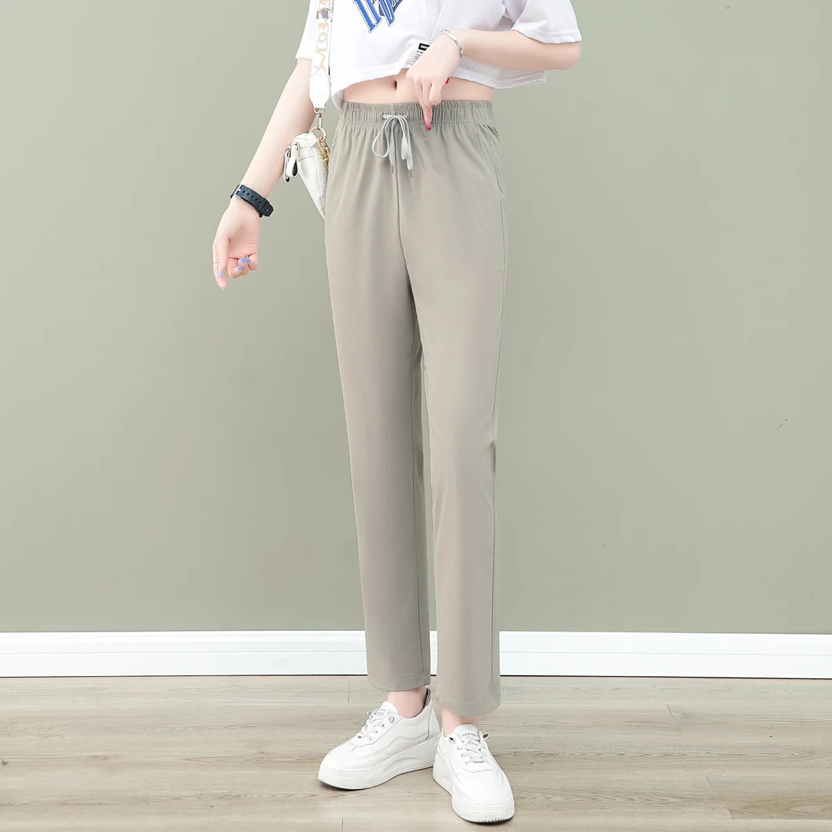New Women'S Fashion Loose Summer Thin Ice Silk Pants Mom'S Casual High Waist Comfortable Versatile Sports 9-Point Trousers