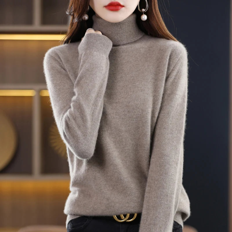 100% Merino Wool High Turnover Collar Knitted Sweater For Women's Autumn And Winter Warm Top Elegant 2YS Versatile Jiu Jia 206
