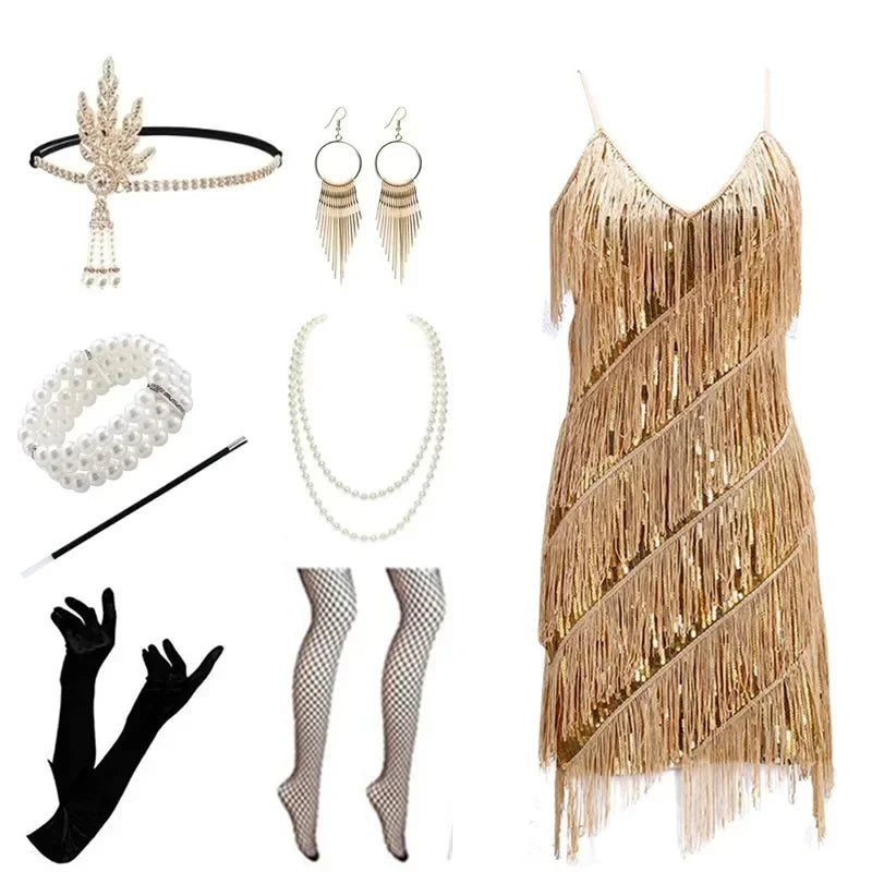 Party Gatsby Dress Evening Ball Gown Bodycon Trend Camisole Tassel Sheath Dress Women Sexy Sequins 1920 Vintage V-neck Dress