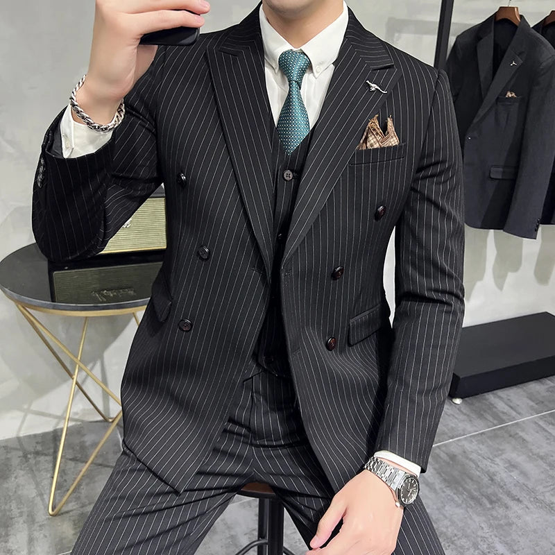 ( Blazer+Vest+Pants ) Groom Wedding Male Suit Luxury Brand Fashion Striped Men's Casual Business Office Double Breasted Suit