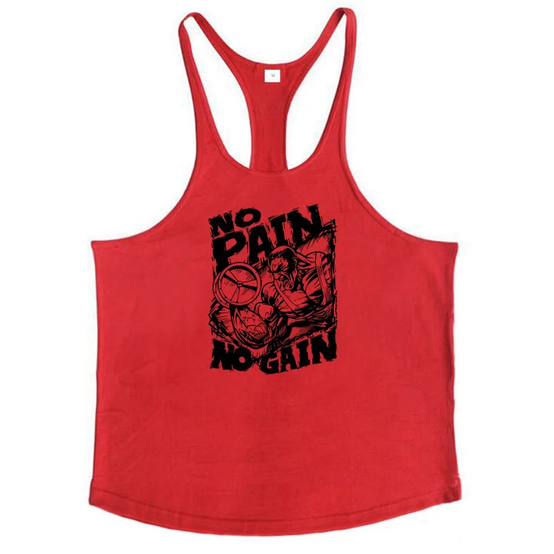 NO PAIN NO GAIN Print Gym Fitness T-Shirt Mens Bodybuilding Sport Sleeveless Vests Cotton Breathable Y-back Suspenders Tank Tops