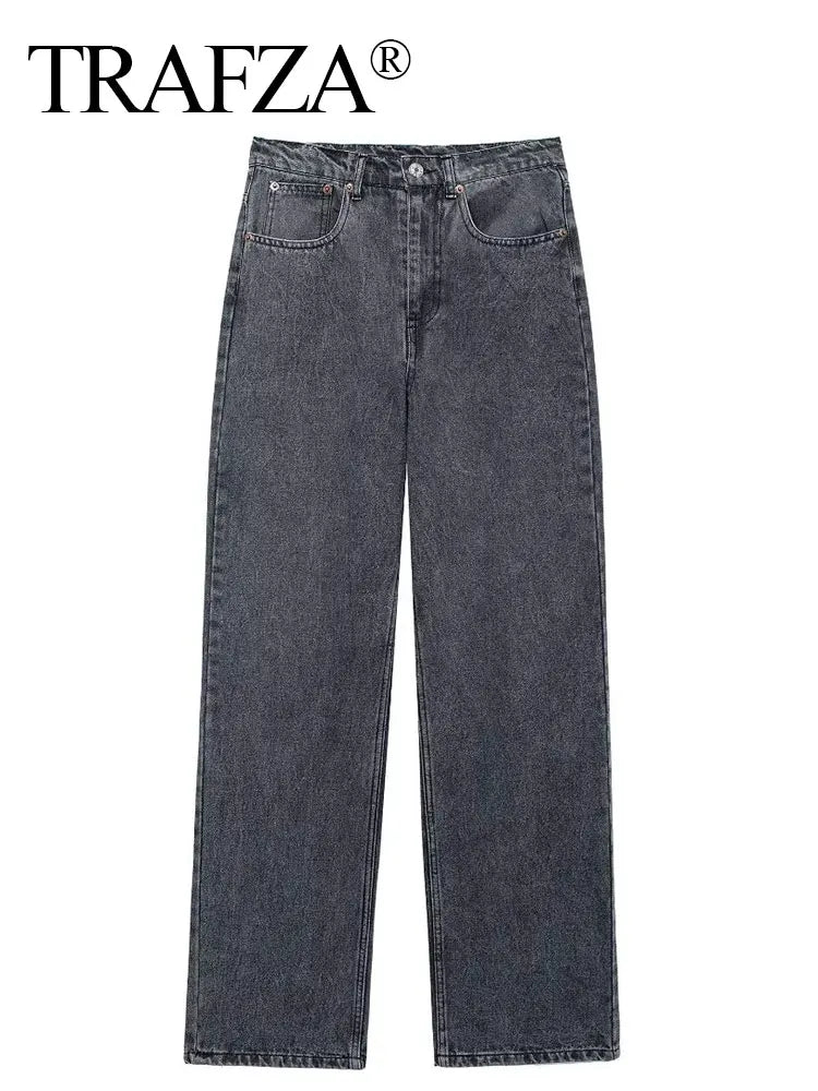 TRAFZA Jeans For Women Fashion Vintage Holes Decorated Denim Pant Patchwork High Waist Trousers Y2K 2024 High Street Lady Jeans