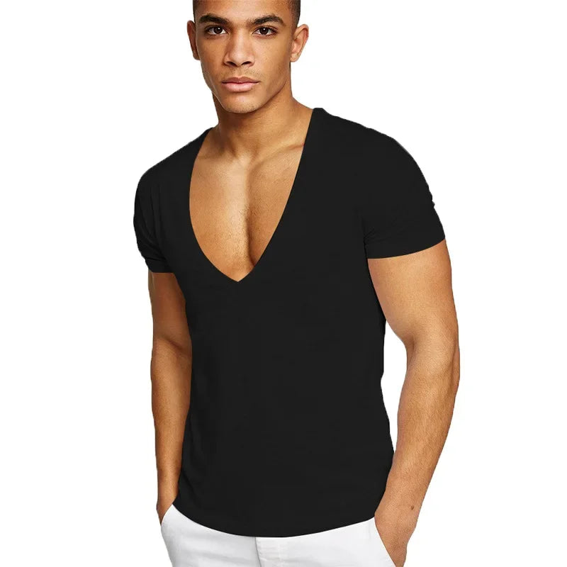 MRMT 2025 Brand New Men's Fitness And Leisure Summer Cotton Sweat-Absorbent Solid Color European Size Deep V-Neck T-Shirt Tops