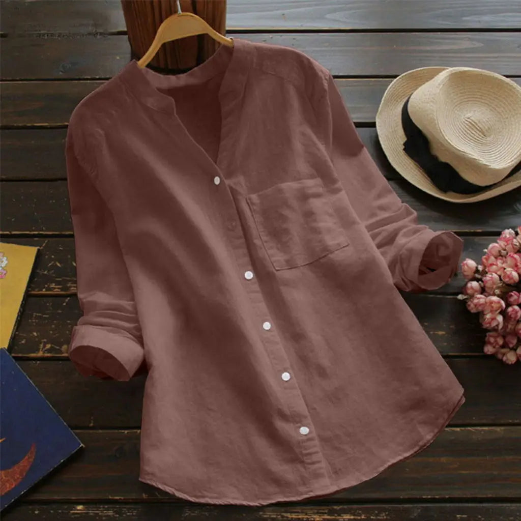 Women's Casual Retro Cotton And Linen Shirts Loose Solid Color V-neck Cardigan Button ladies Yellow White Autumn Shirt Tops
