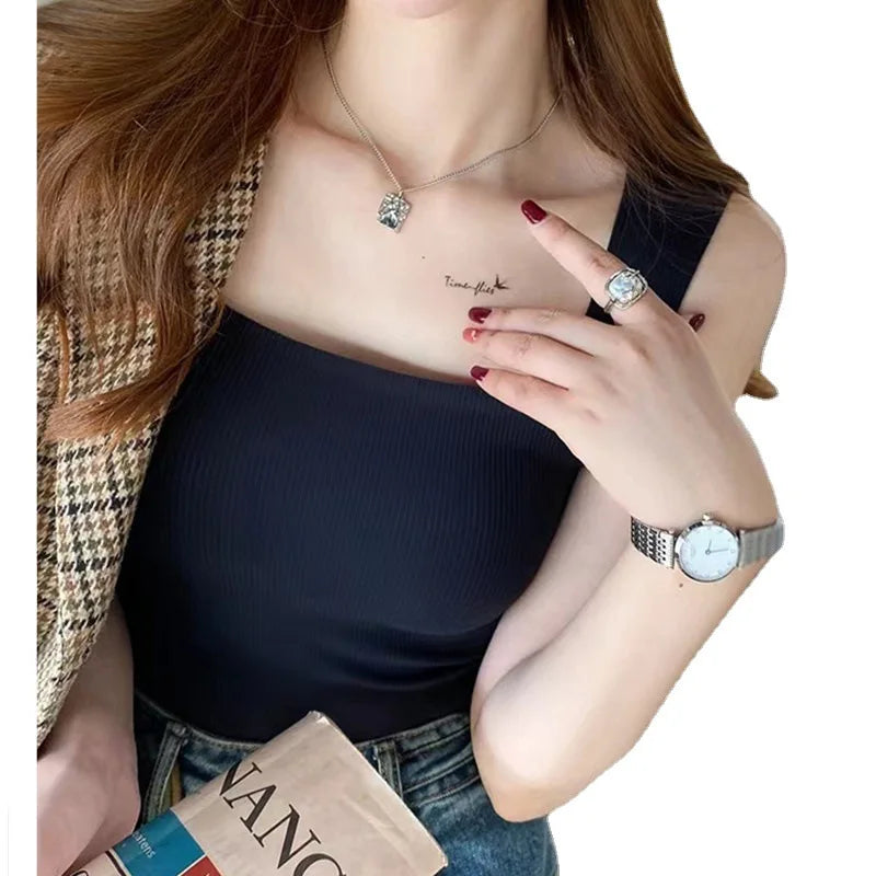 For 40-75kg Ice Silk Plus Size Tank Tops WIth Chest Pad Square Collar Thread One-Piece Cup Seamless Camisole Top For Women