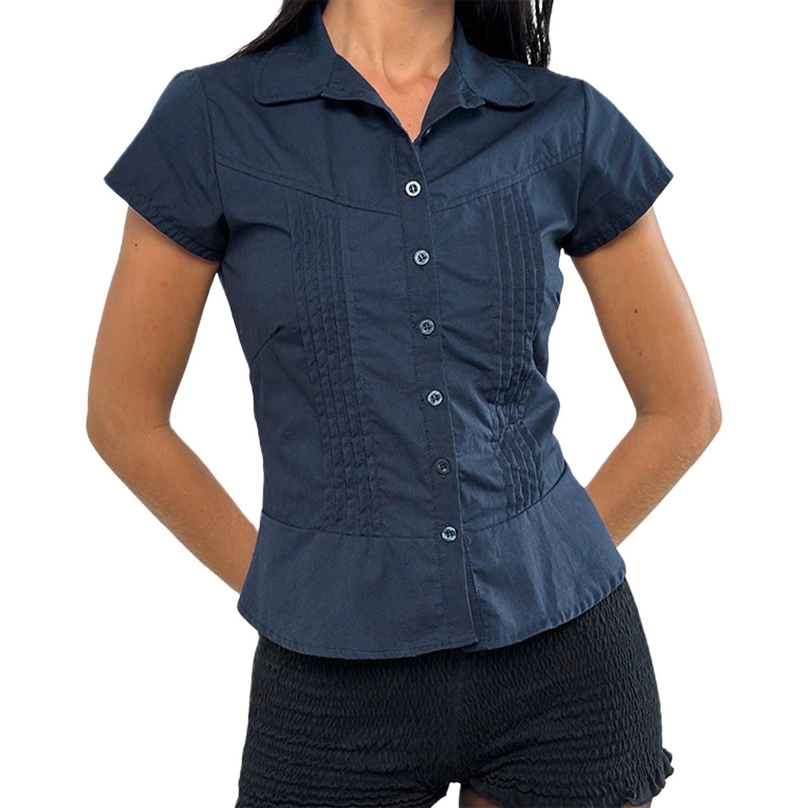 Women's Summer Slim Fit Shirt Solid Color Short Sleeve Lapel Button Down Pleated Tops Streetwear