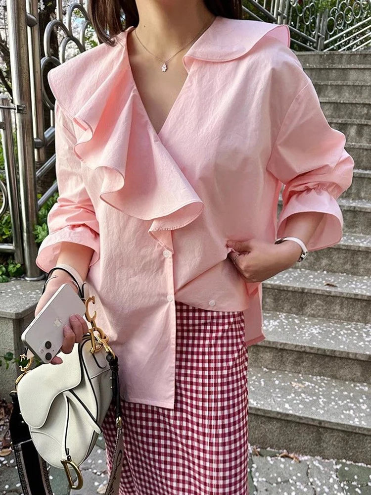 Zoki Sweet Ruffles Korean Shirts Women Loose Design V Neck Elegant Blouse Fashion Long Sleeve Spring Preppy Style Female Tops