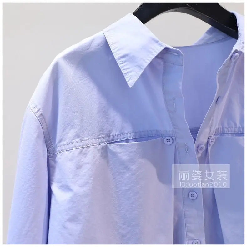 Design Sense Pleated Short Shirt, Women's Blue Loose Long Sleeved Cotton Shirt, New Top For Spring/summer 2024
