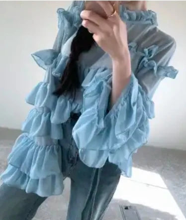 2Colors Korean style long sleeve blouses 2022 Spring Autumn womens Loose Pleated Chiffon tops and blouse Outwear Shirts(C0001)