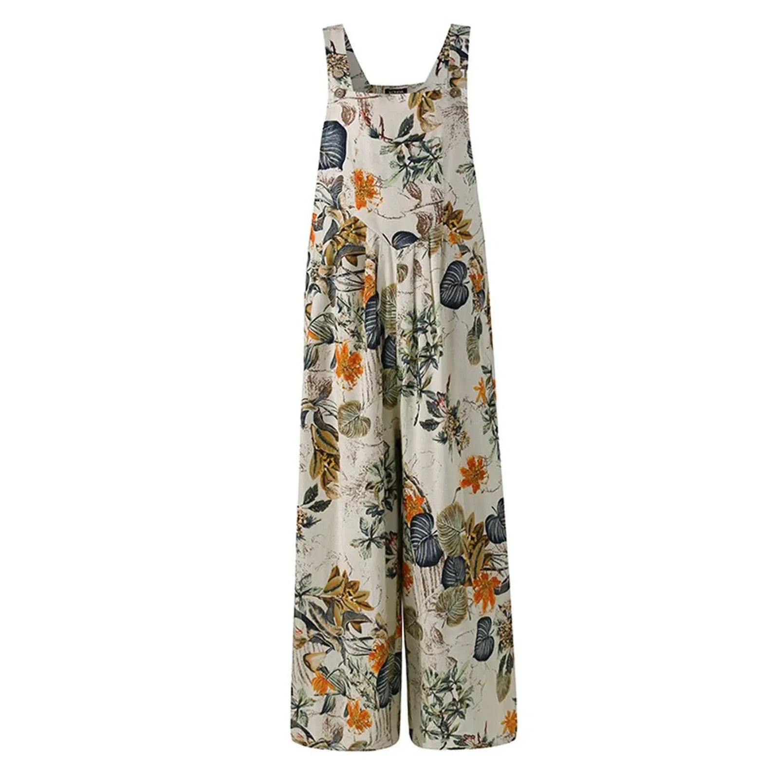 Combhasaki Women's S-3XL Cotton and Linen Jumpsuit Leaf Floral Print Square Neck Sleeveless Casual Loose Overalls with Pockets