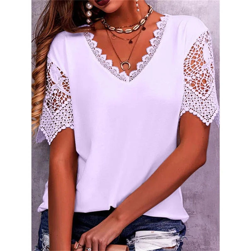 Summer Vintage Lace Trendy White Women Shirts Casual Elegant Chic Oversized Blouses Solid Color Streetwear Tops Women Clothing