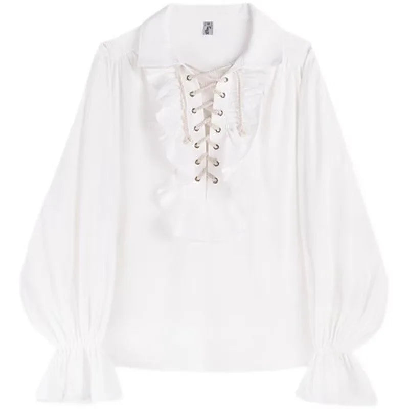 Pirate Shirt Vampire Prince Poet Shirts 2024 All Season Medieval Buccaneer Frills Lace Up Renaissance Vintage Gothic Blouse Tops