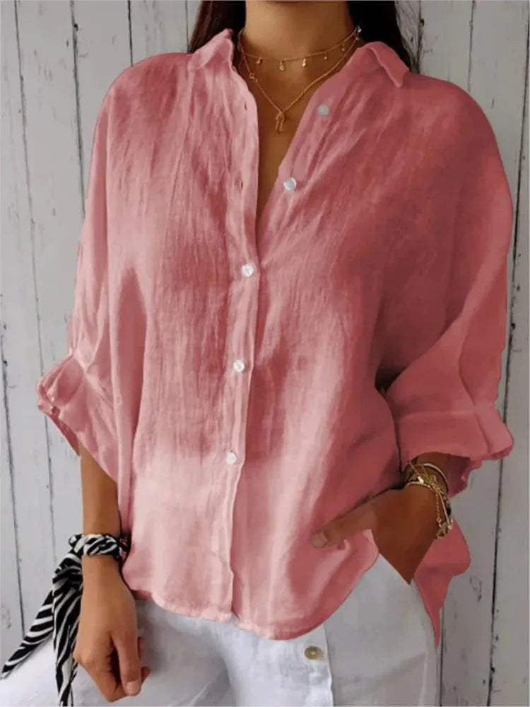 New Women Cotton Linen Shirts Elegant Back Bow Lace Up Solid Casual Shirt Spring Summer Lapel Half Sleeve Blouse Loose Tops