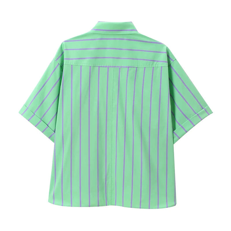 Koekop Women's Fashion Lapel Striped Button Closed Top & Vintage Elastic Waist Striped Women's Chic Shorts