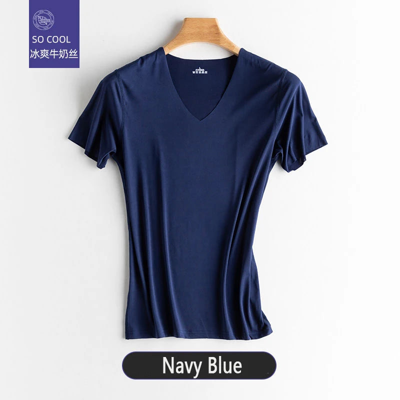 Fashion Summer Seamless Breathable Ice Silk T-Shirt Vest Men's Sports Short Sleeve T-shirt Ice Silk Solid Color V-neck M-5XL