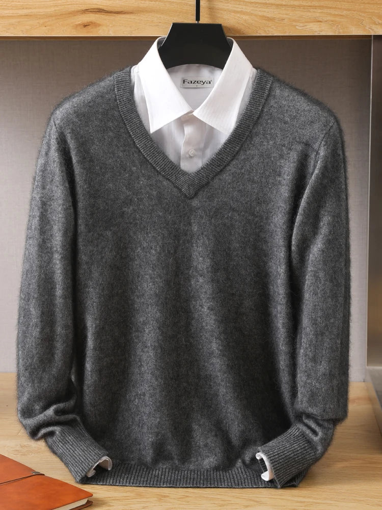 MVLYFLET 2024 NEW Men's 100% Mink Cashmere Sweater V-Neck Pullovers Knit Large Size Winter New Tops Long Sleeve High-End Jumpers