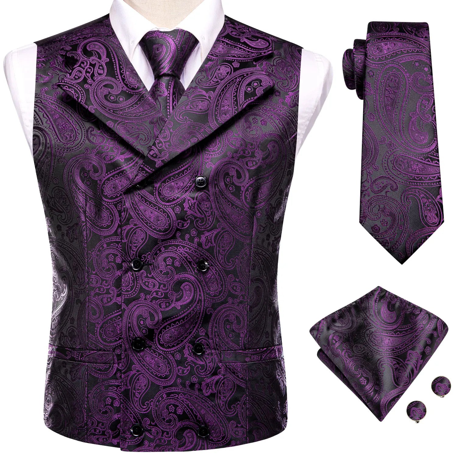 Hi-Tie Dark Red Men's Vests Silk Paisley Jacquard Waistcoat Jacket NeckTie Hanky Cufflinks for Men Business Party Designer Gifts