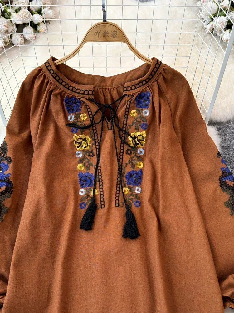 2025 Spring Retro Embroidered Shirt Top Female Lace Up Tassel Loose Lantern Sleeves Ethnic Style Blouse Female A70