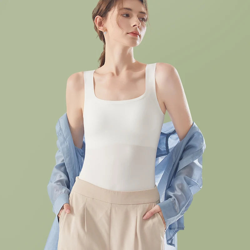 HELIAR Women Summer Seamless Solid Tank Top With Bra Pad Square Collar Ice Silk Comfort Crop Top Sleeveless Street Sports Camis