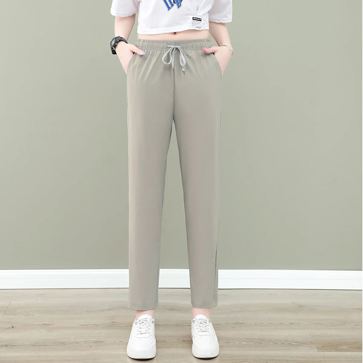 New Women'S Fashion Loose Summer Thin Ice Silk Pants Mom'S Casual High Waist Comfortable Versatile Sports 9-Point Trousers
