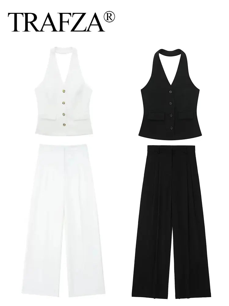TRAFZA Women Fashion Solid Pant Suit Halter Single Breasted Sleeveless Blazer Vest Top Zipper Fly Trousers Office Lady Sets