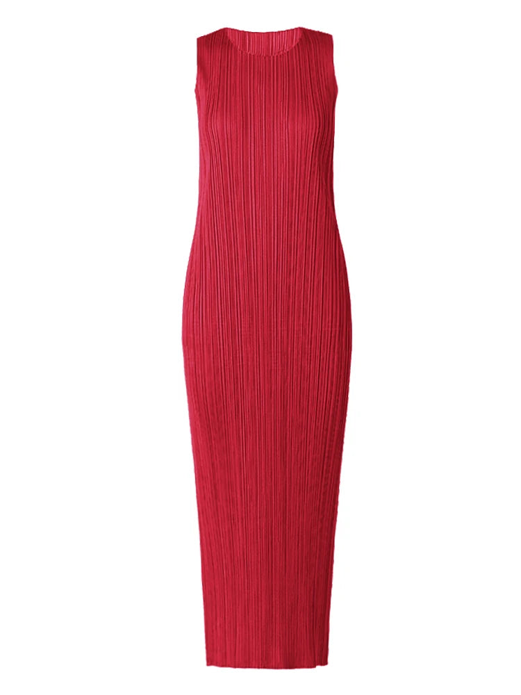 Miyake Pleated Women Dress Summer Sleeveless Long Classic Korean Fashion Casual Elegant Female Lce Water Blue Beach Dress TP5045