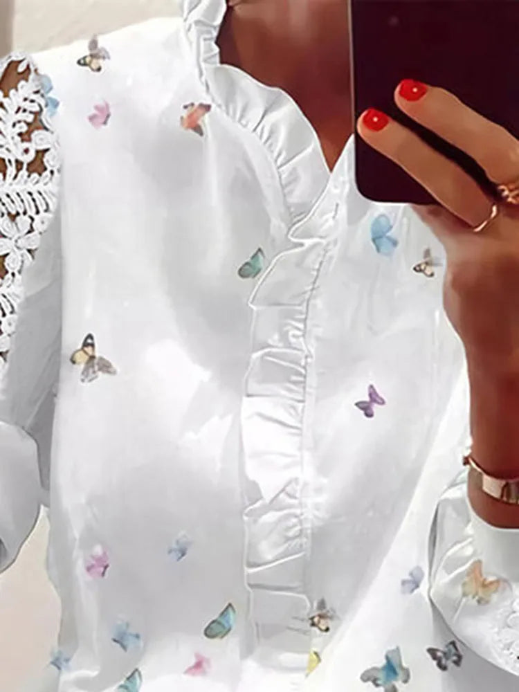 Women's Shirts Fashion Elegant Long Sleeve Butterfly Print Office Lady Top White Women Ruffled Hollow Out Blouse Female Clothing