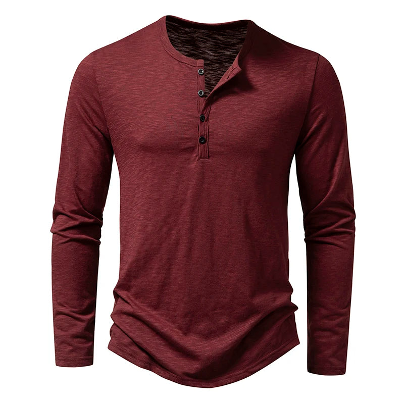 New Men's Cotton Henley T Shirt Long Sleeve T-Shirts Basic Casual Button Collar Breathable Daily Top Tees