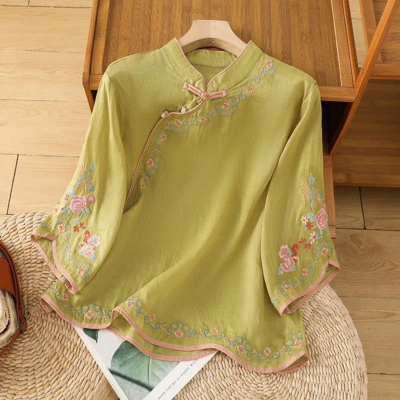 Chinese Style Women's Shirt Summer Embroidery Vintage Blouses Loose Short Sleeve Women Tops Cotton Linen Clothing 2024 Korean