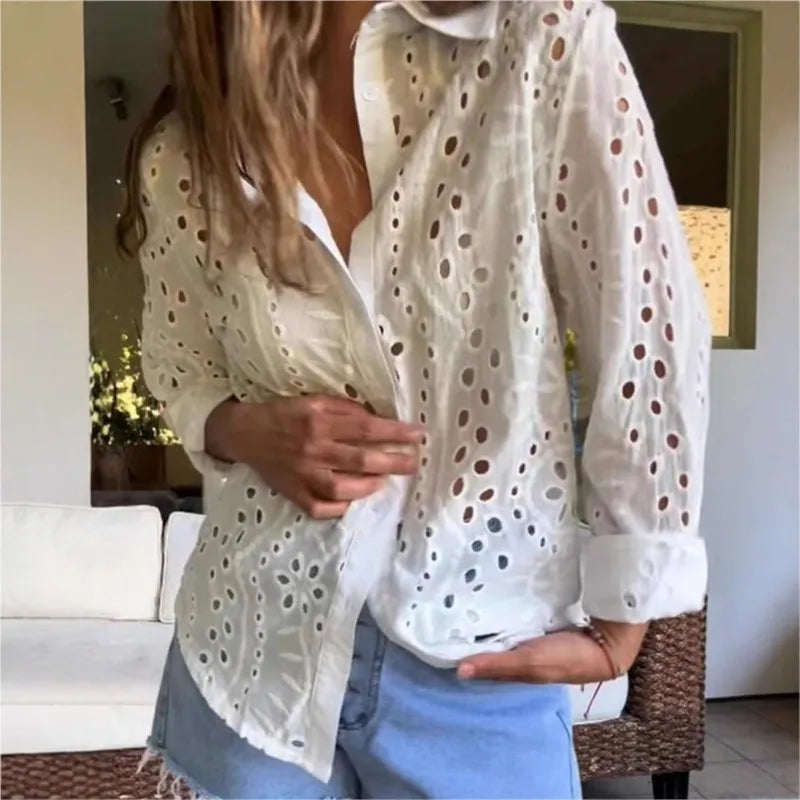 Fashion Women's Blouses Spring And Autumn White Shirt Collar Loose Embroidered Hollow Large Size Shirt Tops For Women Clothing