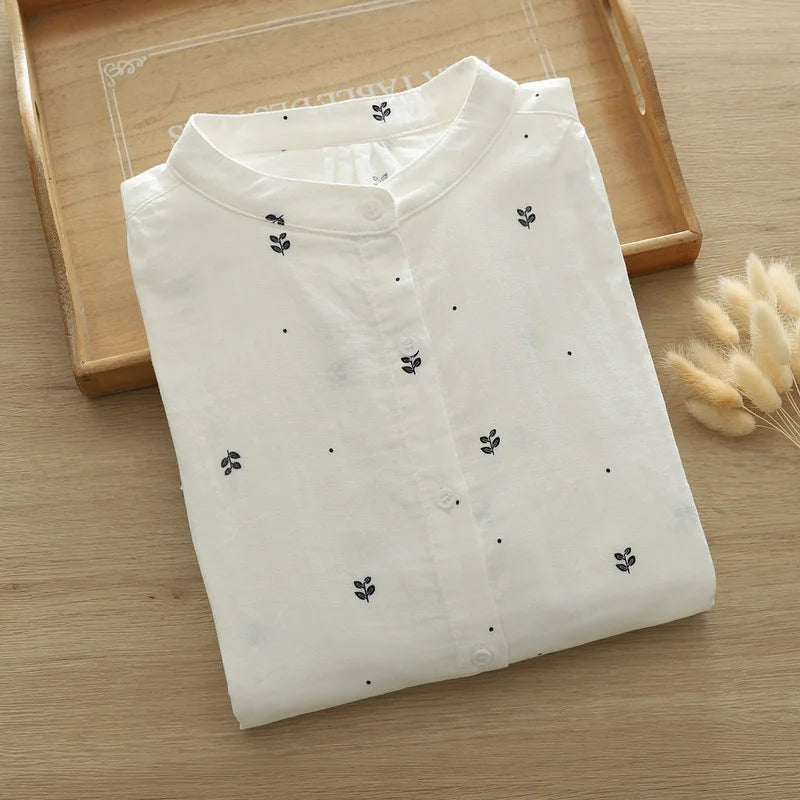 100% Cotton yarn women's shirt 2025 summer Japan style brief short bat sleeve blouses large size tops middle aged women blouses